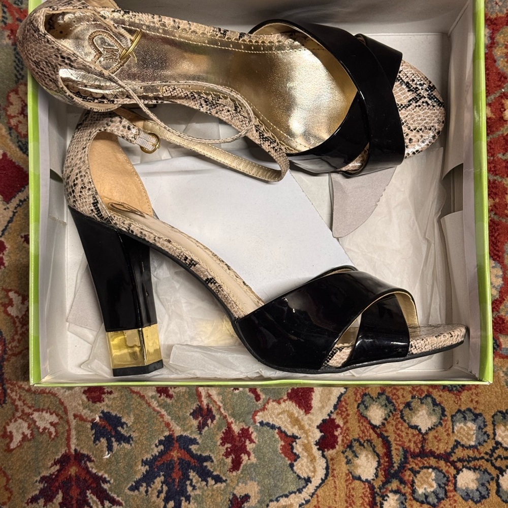 Madeline Snakeskin & Black Patent Heeled Sandals - Size 11